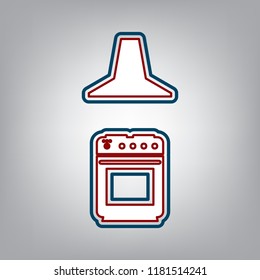 Electric or gas stove and extractor kitchen hood sign. Vector. Dark red, transparent and midnight green stroke of white icon at grayish background.