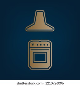 Electric or gas stove and extractor kitchen hood sign. Vector. Golden icon and border at dark cyan background.