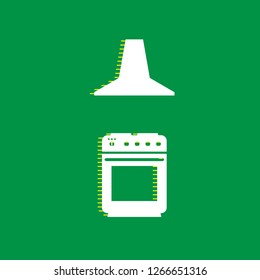 Electric or gas stove and extractor kitchen hood sign. Vector. White flat icon with yellow striped shadow at green background.