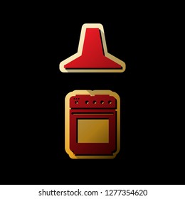 Electric or gas stove and extractor kitchen hood sign. Vector. Red icon with small black and limitless shadows at golden sticker on black background.