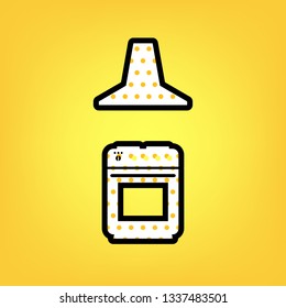 Electric or gas stove and extractor kitchen hood sign. Vector. Yellow polka dot white icon with black contour at warm yellow background.