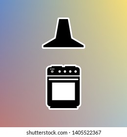 Electric or gas stove and extractor kitchen hood sign. Black icon in white shell at pastel color background. Illustration.