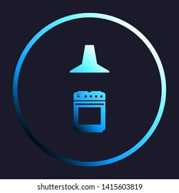 Electric or gas stove and extractor kitchen hood sign. White, cyan and blue gradient icon as round button in white shell at dark blue background. Illustration.
