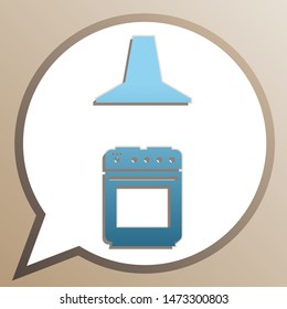 Electric or gas stove and extractor kitchen hood sign. Bright cerulean icon in white speech balloon at pale taupe background. Illustration.