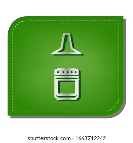 Electric or gas stove and extractor kitchen hood sign. Silver gradient line icon with dark green shadow at ecological patched green leaf. Illustration.