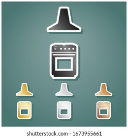 Electric or gas stove and extractor kitchen hood sign. Set of metallic Icons with gray, gold, silver and bronze gradient with white contour and shadow at viridan background. Illustration.