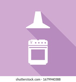 Electric or gas stove and extractor kitchen hood sign. White Icon with long shadow at purple background. Illustration.