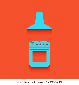 Electric or gas stove and extractor kitchen hood sign. Vector. Blue icon with soft shadow putted down on flamingo background.