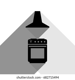 Electric or gas stove and extractor kitchen hood sign. Vector. Black icon with two flat gray shadows on white background.