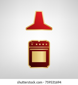 Electric or gas stove and extractor kitchen hood sign. Vector. Red icon on gold sticker at light gray background.