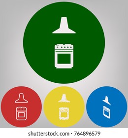 Electric or gas stove and extractor kitchen hood sign. Vector. 4 white styles of icon at 4 colored circles on light gray background.