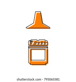 Electric or gas stove and extractor kitchen hood sign. Vector. Black line icon with shifted flat orange filled icon on white background. Isolated.