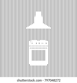 Electric or gas stove and extractor kitchen hood sign. Vector. White icon on grayish striped background. Optical illusion.