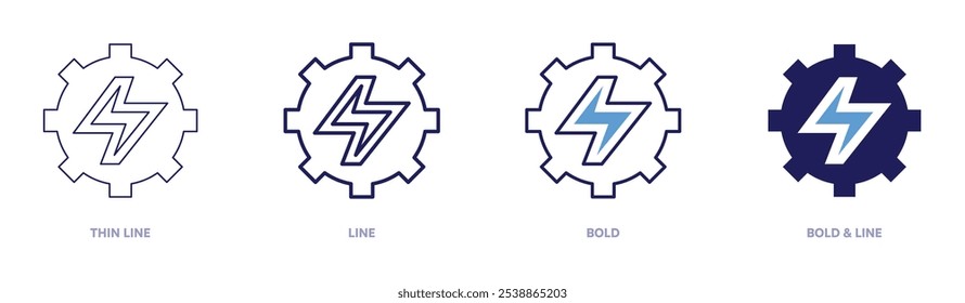 Electric gear icon in 4 different styles. Thin Line, Line, Bold, and Bold Line. Duotone style. Editable stroke.