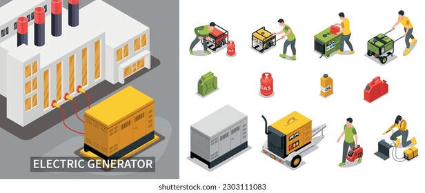 Electric generator composition with battery and power source symbols isometric isolated vector illustration