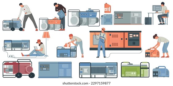 Elektrischer Generator, Flachsatz mit isolierten Symbolen verschiedener Modelle, die elektrische Energie erzeugen, und menschliche Zeichen, Vektorgrafik