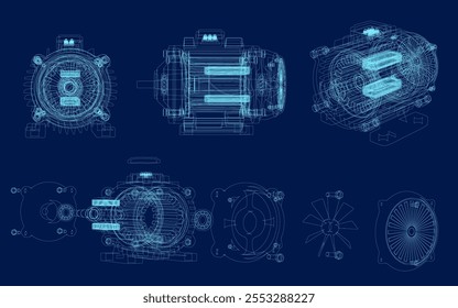 Marco de alambre del motor del generador eléctrico. Ilustración vectorial 3D isométrica. Diseño de ilustración creativa, idea para infografías.