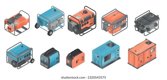 Electric generator realistic set with isolated icons of portable and big stationary generators on blank background vector illustration