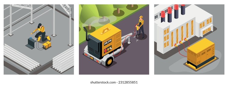 Electric generator set with energy and charger symbols isometric isolated vector illustration