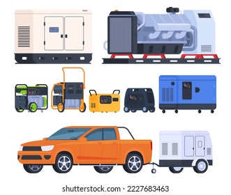 Electric generators for power supply. Portable power supply for the operation of electrical appliances. Operation when the light is turned off. Vector illustration