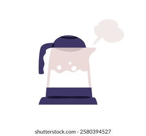 Electric glass kettle with boiling bubbling water and hot steam, vapor. Kitchen household appliance for heating. Transparent teakettle, tea pot. Flat vector illustration isolated on white background