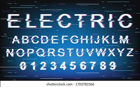 Electric glitch font template. Retro futuristic style vector alphabet set on turquoise background. Capital letters, numbers and symbols. Modern technology typeface design with distortion effect