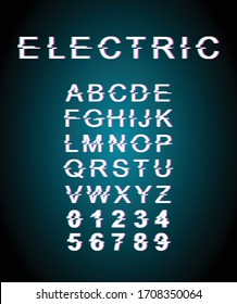 Electric glitch font template. Retro futuristic style vector alphabet set on turquoise background. Capital letters, numbers and symbols. Modern typeface design with distortion effect