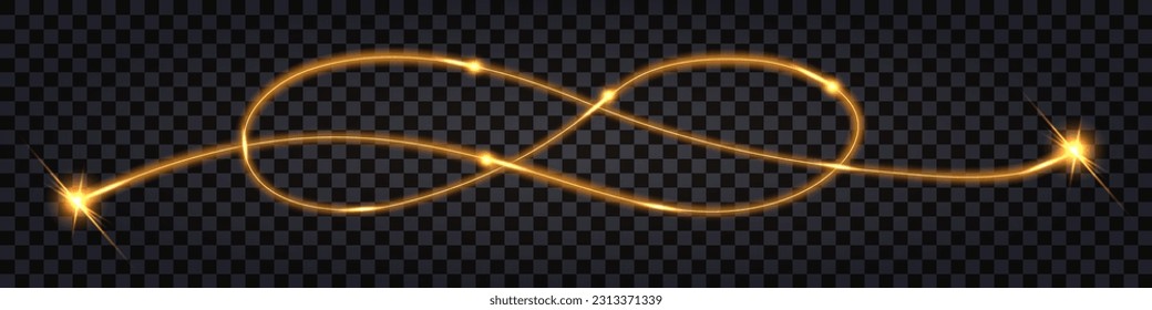 Electric glowing swirl  yellow golden lines twisted in infinity symbol. Light effect, electric shock strike, impulse cable, hi tech design, isolated transparent vector illustration.