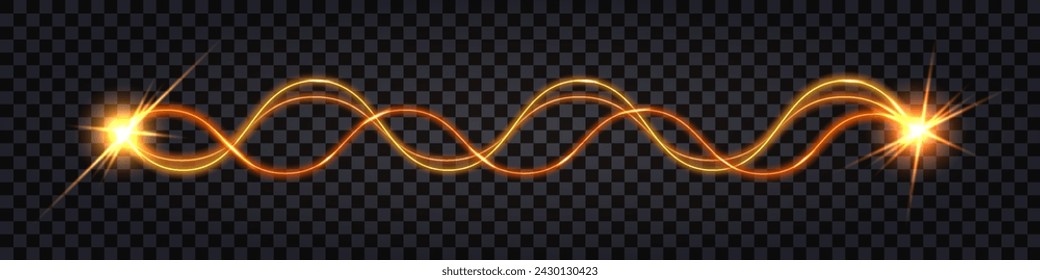 Electric glowing swirl  yellow golden lines twisted in infinity symbol. Light effect, electric shock strike, impulse cable, hi tech design, isolated transparent vector illustration.