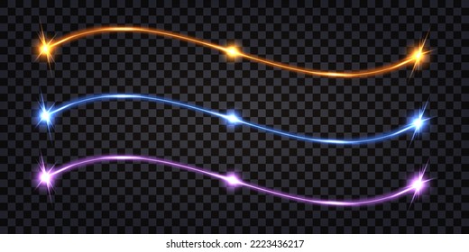 Elektrischer Wellenwirbel, Neonlichteffekt, Donner-Blitz, Schockblitz, gewellter Impulskabel, blau, violett, gelber Laserstrahl, dynamische Linien. Einzelne Vektorgrafik