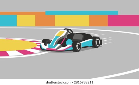 Electric go-kart racing around a sharp curve on an outdoor motorsport track during an exciting race.