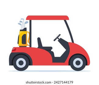 Electric golf car with golf club bag. Transport, vehicle for playing golf. Vector illustration