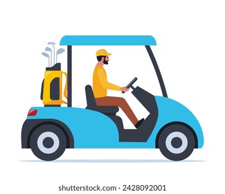 Electric golf car with golf club bag. Transport, vehicle for playing golf. Vector illustration