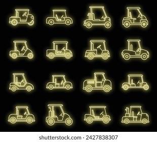 Electric golf cart icons set. Outline set of electric golf cart vector icons neon color on black