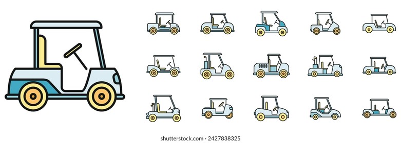 Electric golf cart icons set. Outline set of electric golf cart vector icons thin line color flat on white