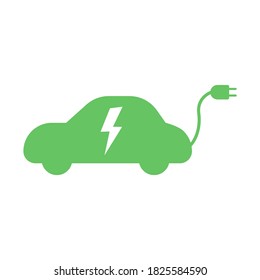 Electric green car with plug icon symbol isolated. Hybrid vehicle charging station road sign template