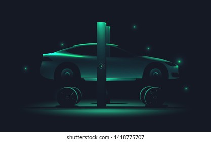 Electric green car repair service concept. Car without tires standing on car lift. Tire service. Vector illustration.