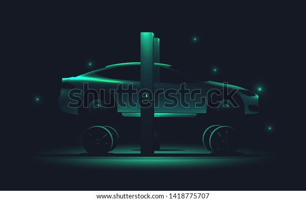 Electric green\
car repair service concept. Car without tires standing on car lift.\
Tire service. Vector\
illustration.