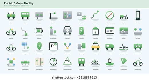 Electric and green mobility soft 3D icon set featuring EV car, e-bus, charging hub, e-scooter dock, carpool, park and ride and emission-free zone on a light background.