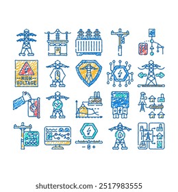 Iconos del doodle de la energía de la red eléctrica Fijar el Vector Línea de bosquejo Transmisión de arte Alta, Planta de tecnología de la industria de la torre, Voltaje del polo, Solar, Energía eólica de la red eléctrica Ilustraciones en color