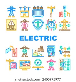 electric grid energy power icons set vector. transmission high, tower industry technology plant, pole voltage, solar, wind electric grid energy power color line illustrations