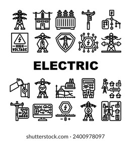 electric grid energy power icons set vector. transmission high, tower industry technology plant, pole voltage, solar, wind electric grid energy power black contour illustrations