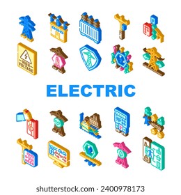 electric grid energy power icons set vector. transmission high, tower industry technology plant, pole voltage, solar, wind electric grid energy power isometric sign illustrations