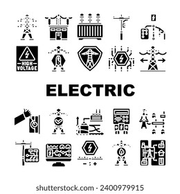 electric grid energy power icons set vector. transmission high, tower industry technology plant, pole voltage, solar, wind electric grid energy power glyph pictogram Illustrations