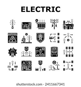 electric grid energy power icons set vector. tower transmission, utility industry, high pylon, voltage distribution, network electric grid energy power glyph pictogram Illustrations