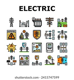 electric grid energy power icons set vector. tower transmission, utility industry, high pylon, voltage distribution, network electric grid energy power color line illustrations