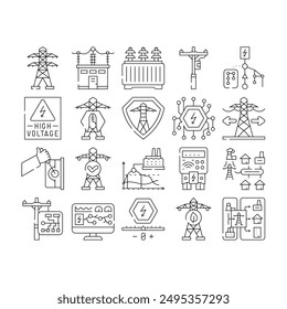 electric grid energy power icons set vector. transmission high, tower industry technology plant, pole voltage, solar, wind electric grid energy power black contour illustrations