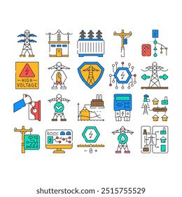 electric grid energy power icons set vector. transmission high, tower industry technology plant, pole voltage, solar, wind electric grid energy power color Contour Illustrations