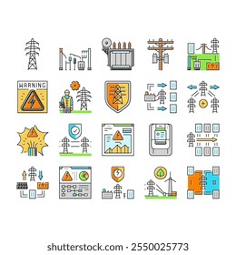 electric grid energy power icons set vector. tower transmission, utility industry, high pylon, voltage distribution, network electric grid energy power color line illustrations