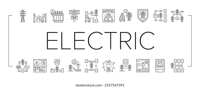 electric grid energy power icons set vector. tower transmission, utility industry, high pylon, voltage distribution, network electric grid energy power black contour illustrations